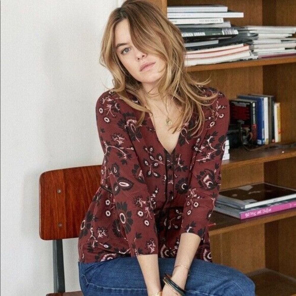 SEZANE Leona Burgundy Paisley Floral Peplum Short Sleeve Silk Blouse Sz 38/ US 6
